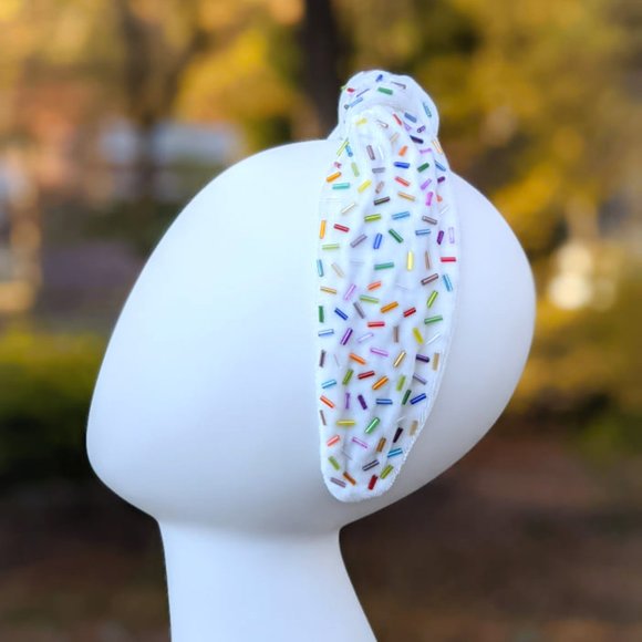 Ivory Confetti Beaded Knot Velvet Headband Rainbow Beads Handmade Knotted Turban main image 4